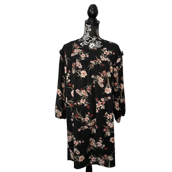 NEW BCBGeneration Floral Smock Mini Dress Lily Print Floral Black Pink - Size 10 - Picture 1 of 13